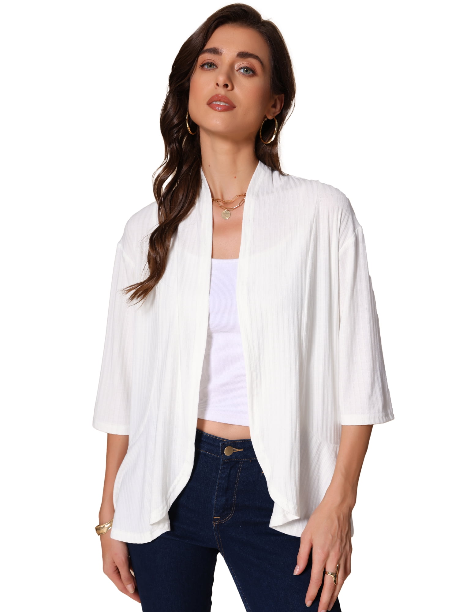 DARING DIVA Women's Lightweight 3/4 Sleeve Irregular Hem Cardigan S White
