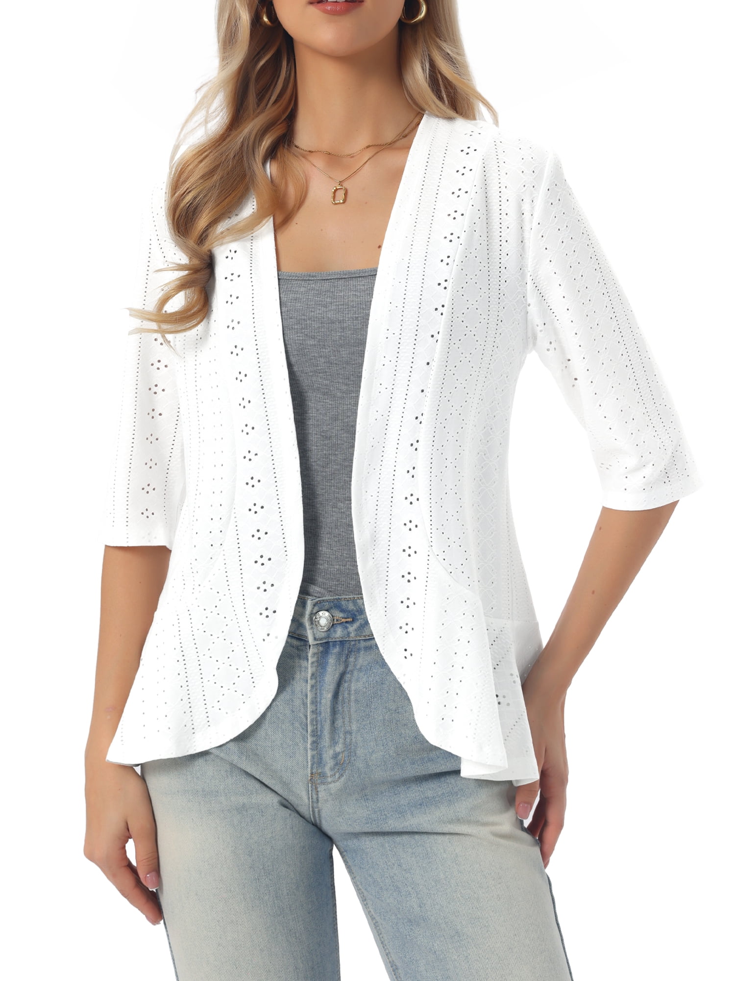 DARING DIVA Women's Lightweight 3/4 Sleeve Open Front Ruffle Cardigan L White