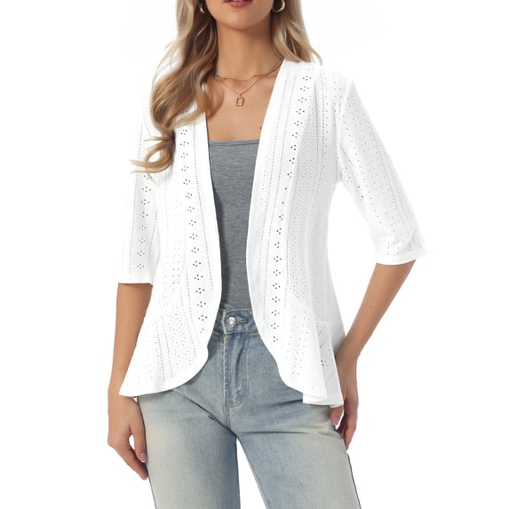 DARING DIVA Women's Lightweight 3/4 Sleeve Open Front Ruffle Cardigan S White