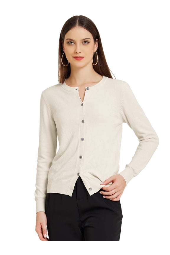 Women's Lightweight Button Crew Neck Cardigan L Beige