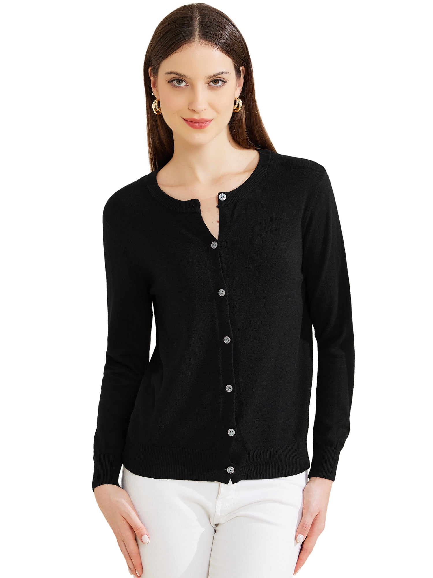 DARING DIVA Women's Lightweight Button Crew Neck Cardigan L Black