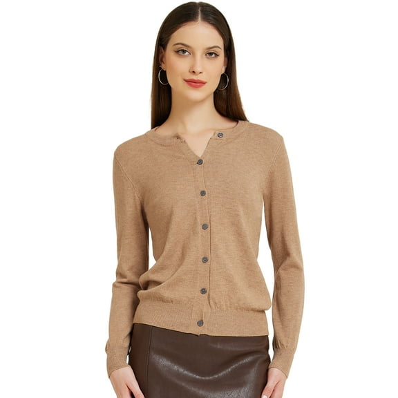 DARING DIVA Women's Lightweight Button Crew Neck Cardigan L Camel