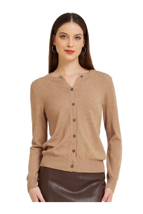 Women's Lightweight Button Crew Neck Cardigan S Camel