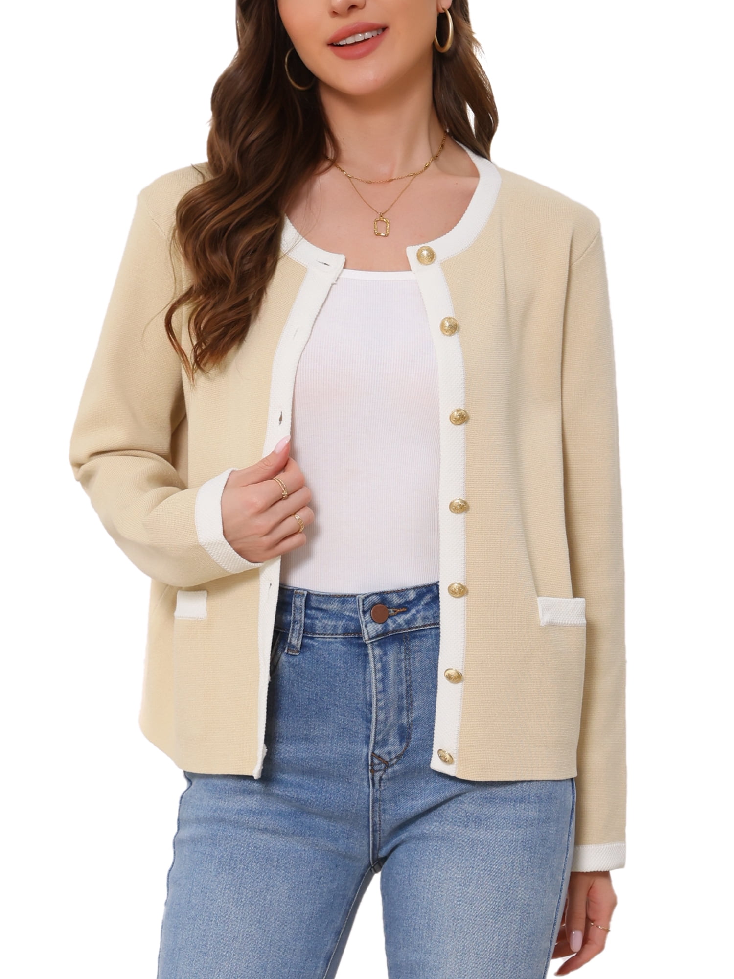 DARING DIVA Women's Lightweight Long Sleeve Crew Neck Knit Cardigan XS Beige