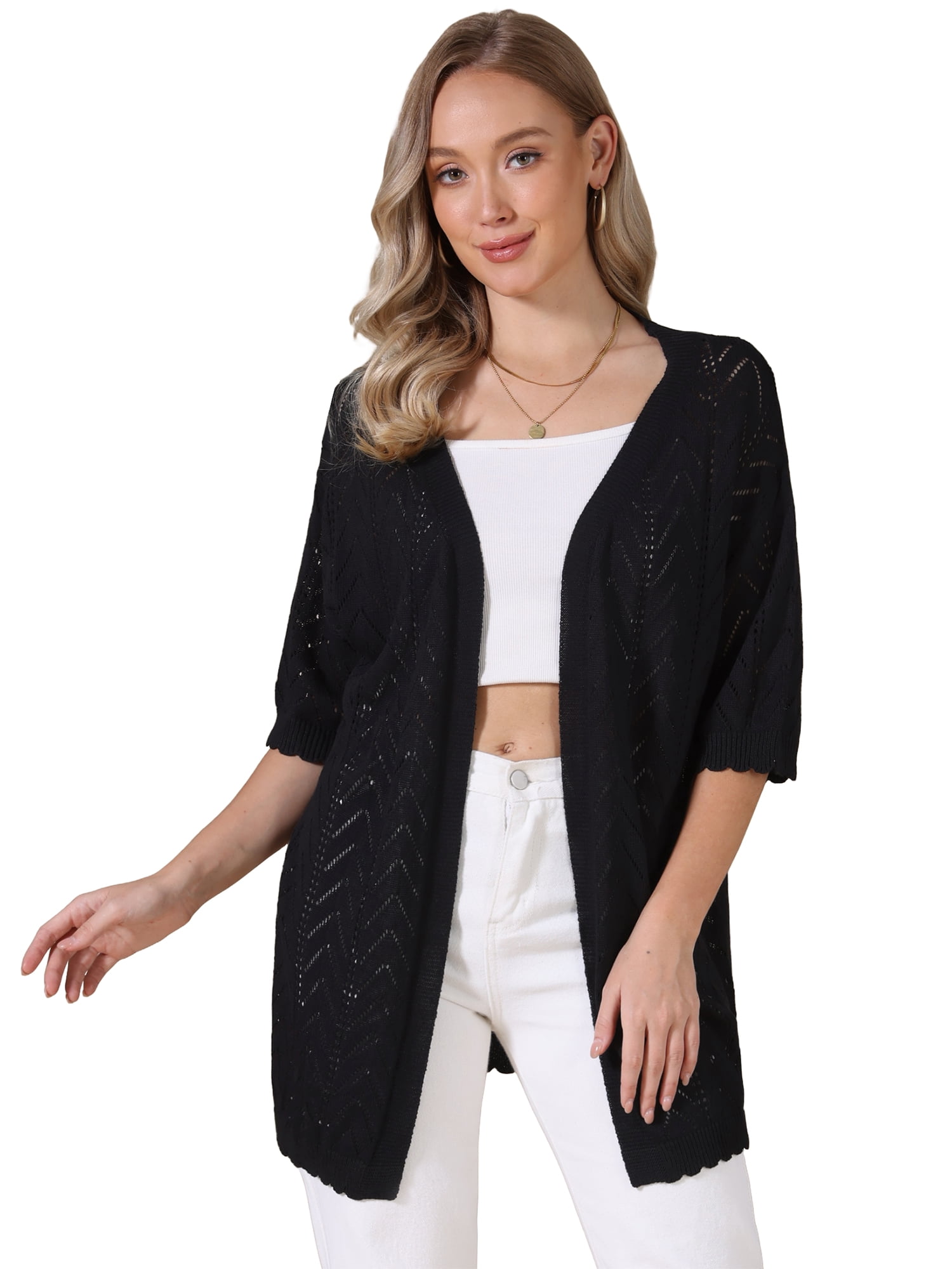 DARING DIVA Women's Lightweight Open Front Crochet Cardigan Sweaters L Black