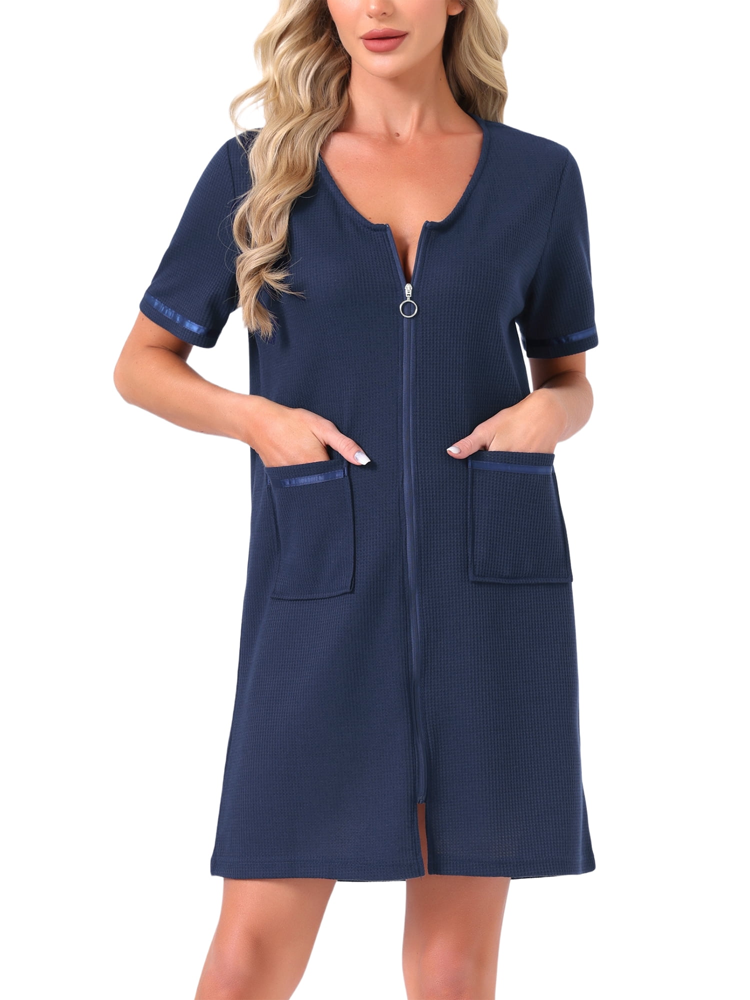 DARING DIVA Women's Lightweight Short Zipper Waffle Bathrobe with Pockets M Blue
