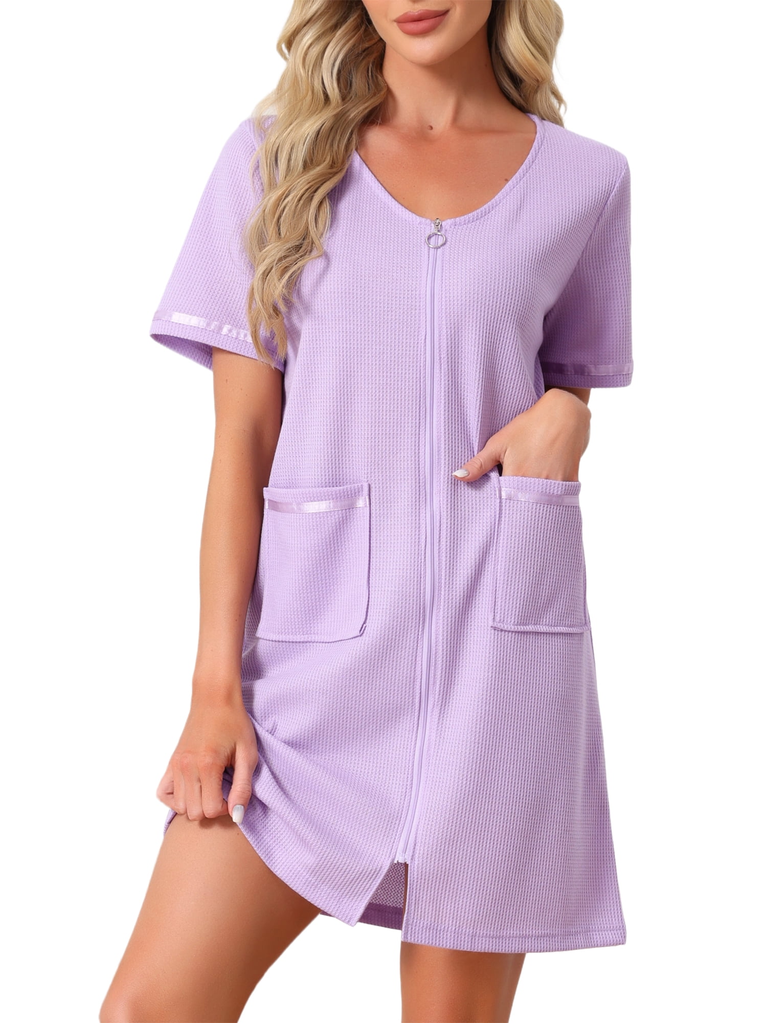 DARING DIVA Women's Lightweight Short Zipper Waffle Bathrobe with Pockets M Purple