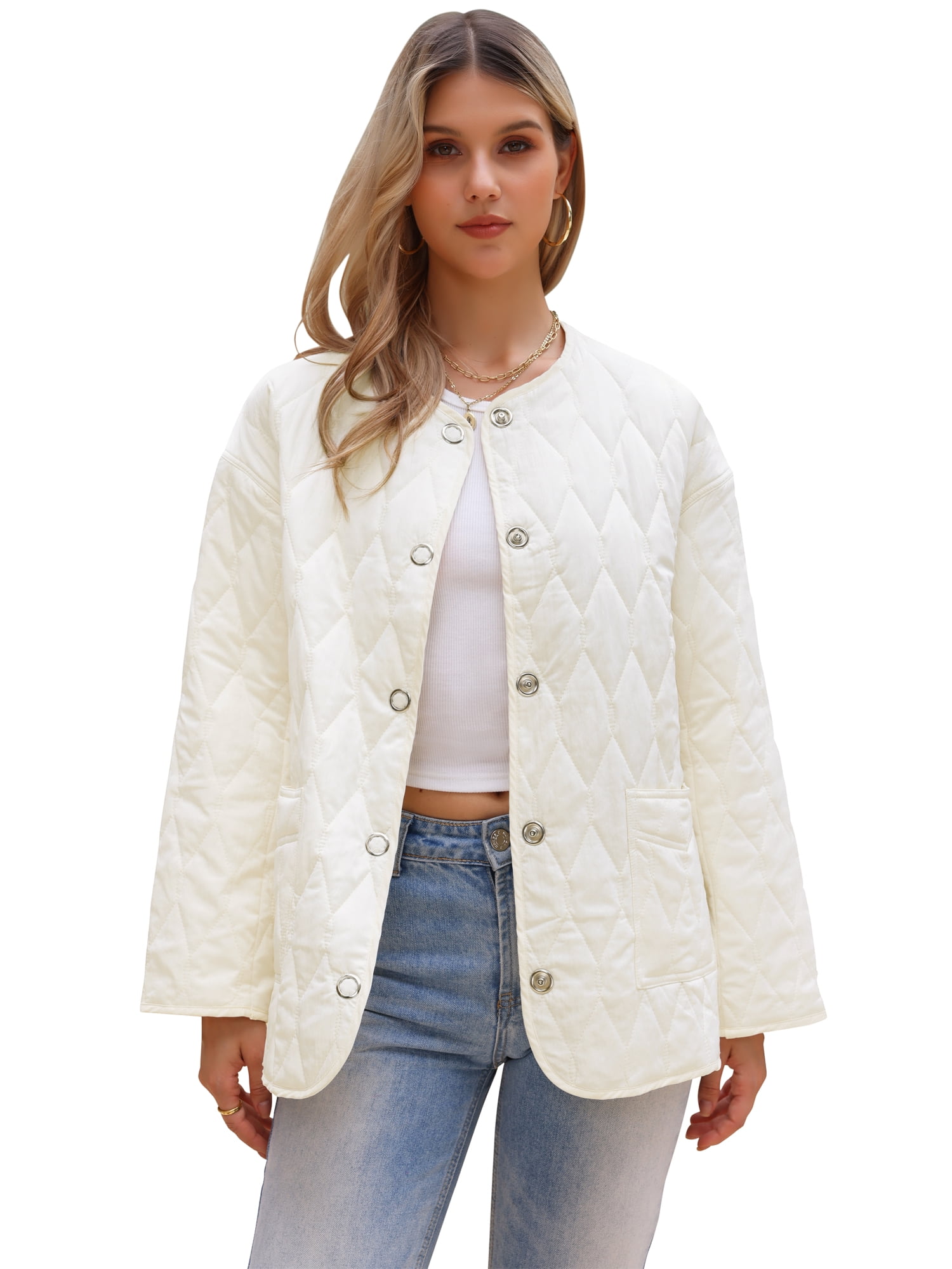 DARING DIVA Women's Lightweight Snap Button Long Sleeve Puffer Jacket M White