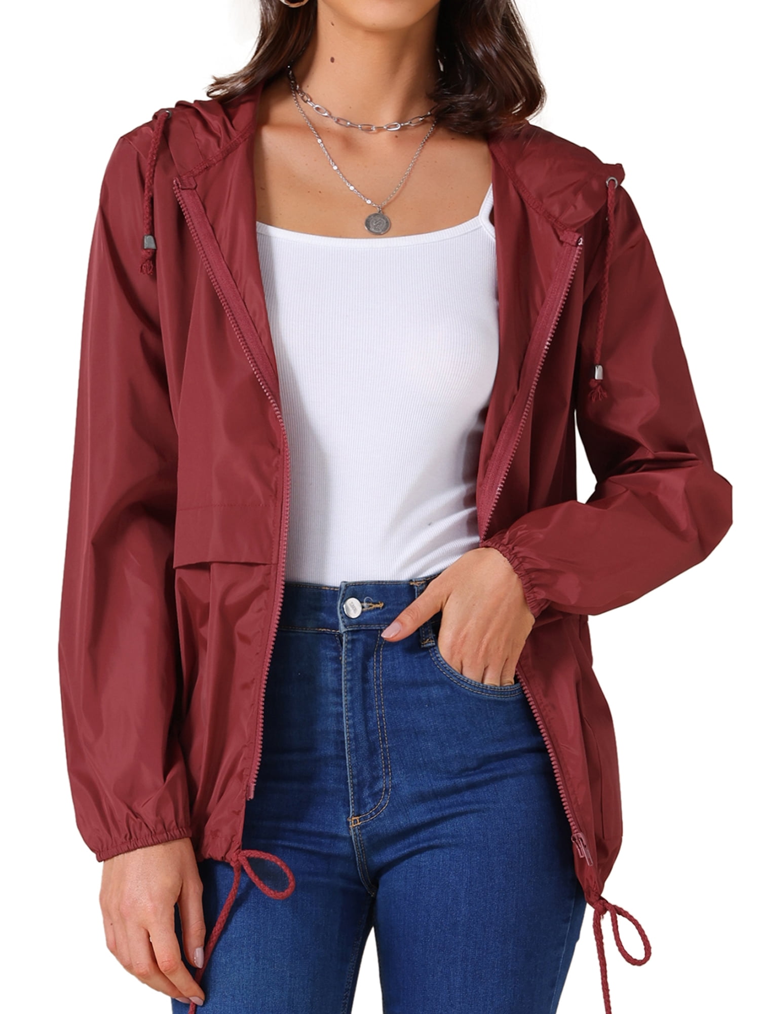 DARING DIVA Women's Lightweight Windbreaker Jacket with Hood Pockets L Wine Red