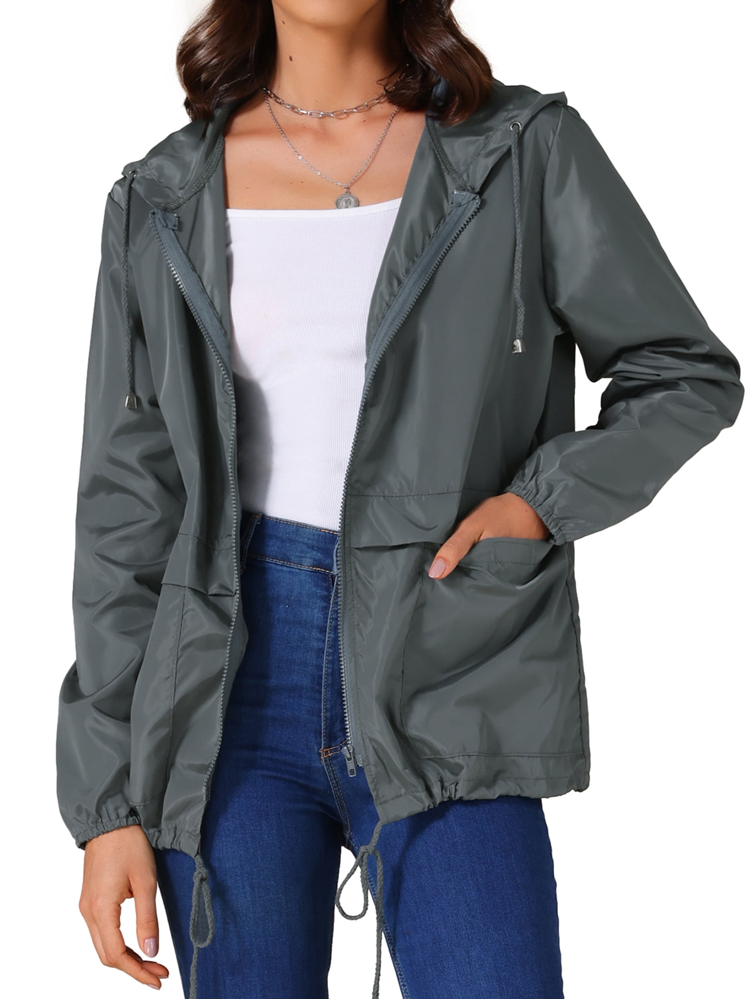 DARING DIVA Women's Lightweight Windbreaker Jacket with Hood Pockets M Dark Grey