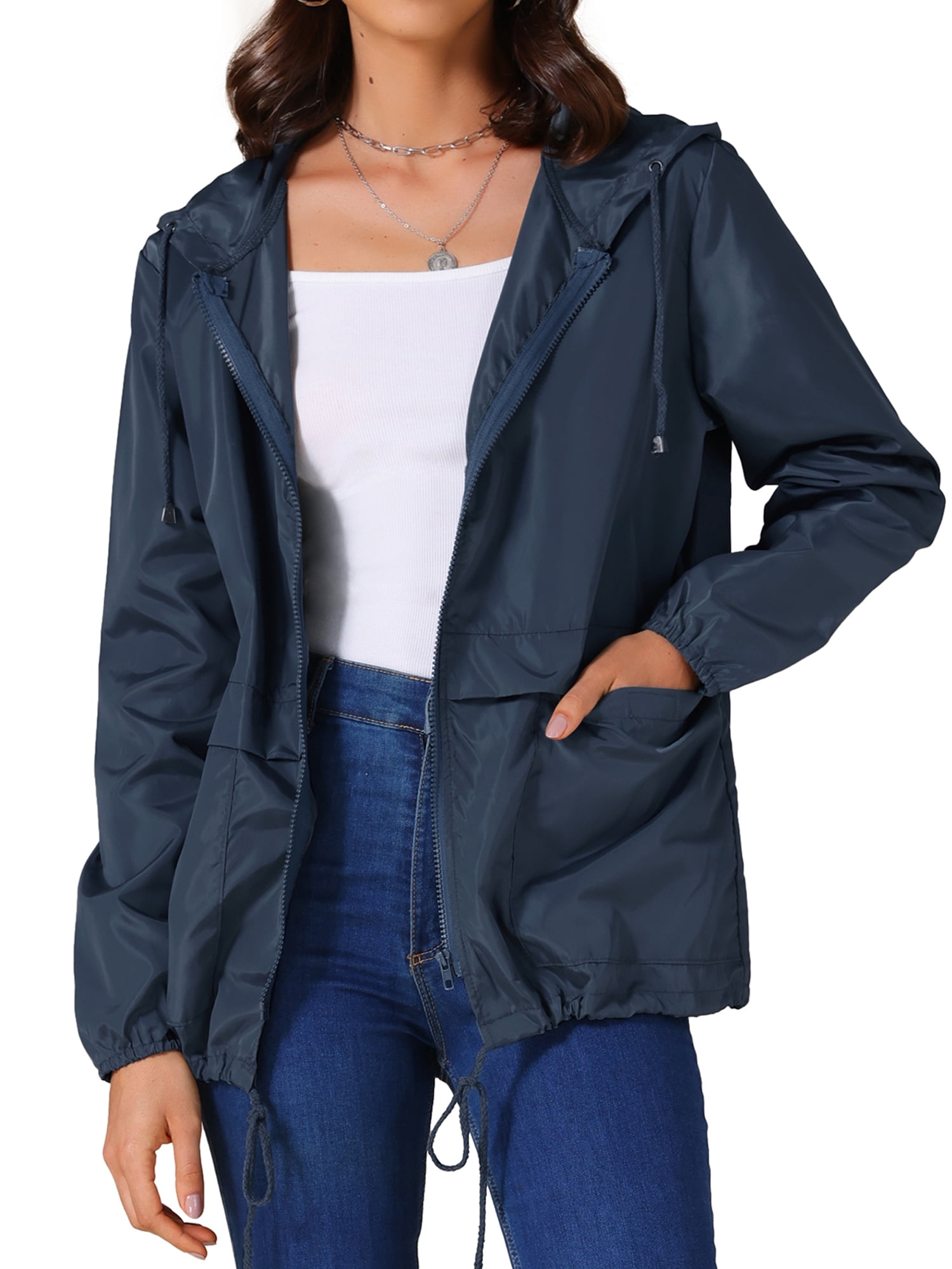 DARING DIVA Women's Lightweight Windbreaker Jacket with Hood Pockets S Navy Blue