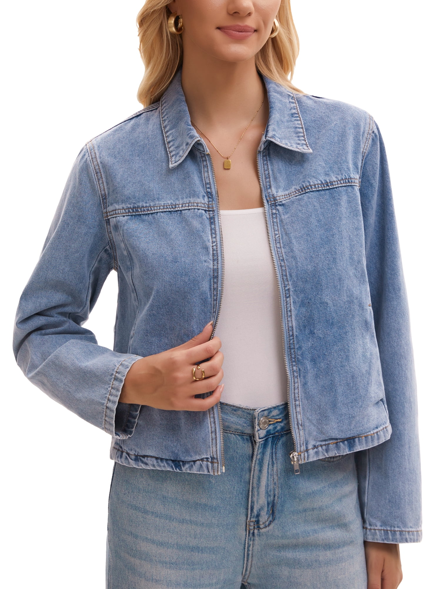 DARING DIVA Women's Lightweight Zip Up Collar Denim Jacket L Light Blue
