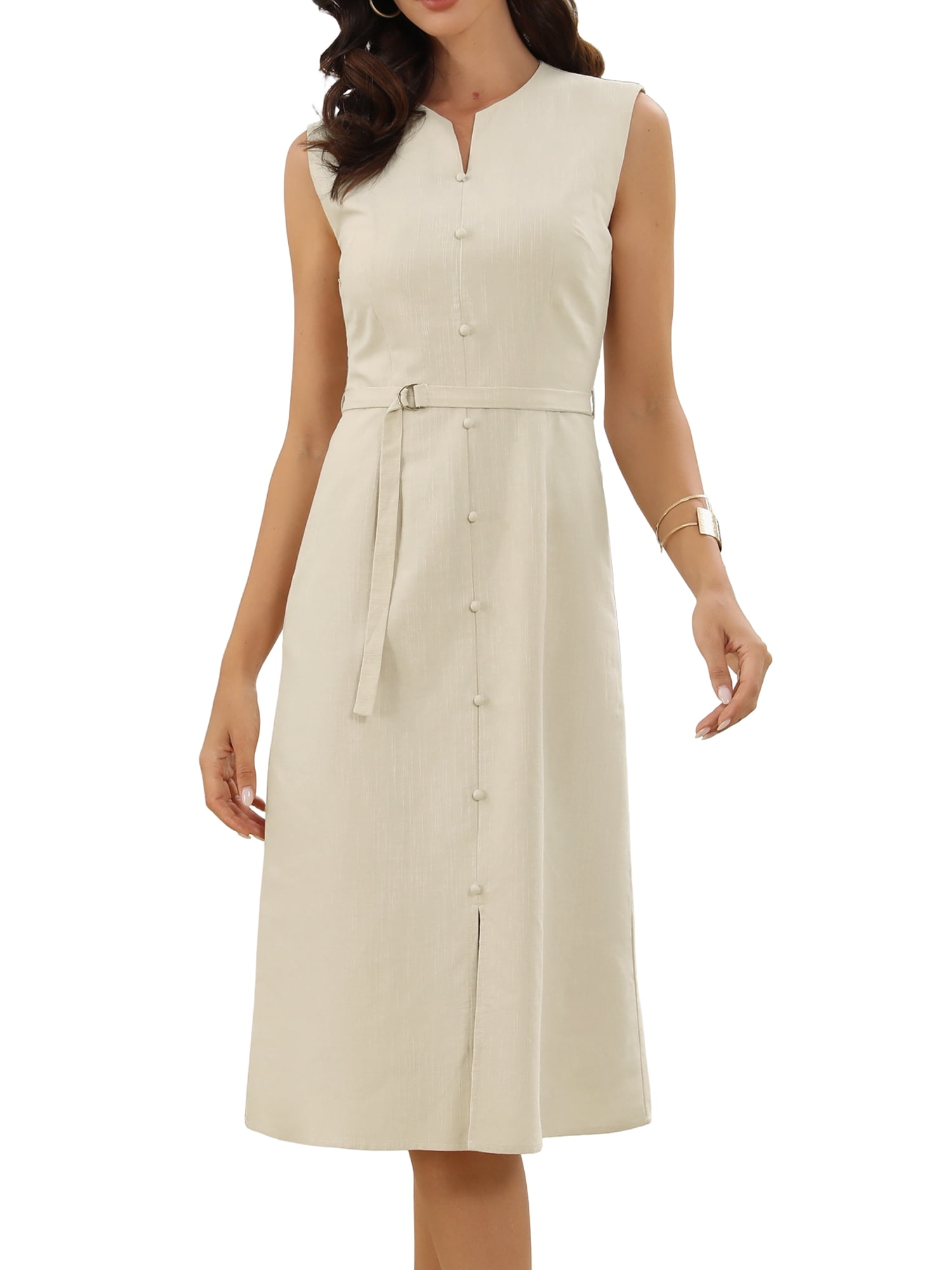 DARING DIVA Women's Linen A-Line Sleeveless Crew Neck Business Work Dresses XL Apricot
