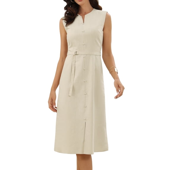 DARING DIVA Women's Linen A-Line Sleeveless Crew Neck Business Work Dresses XS Apricot