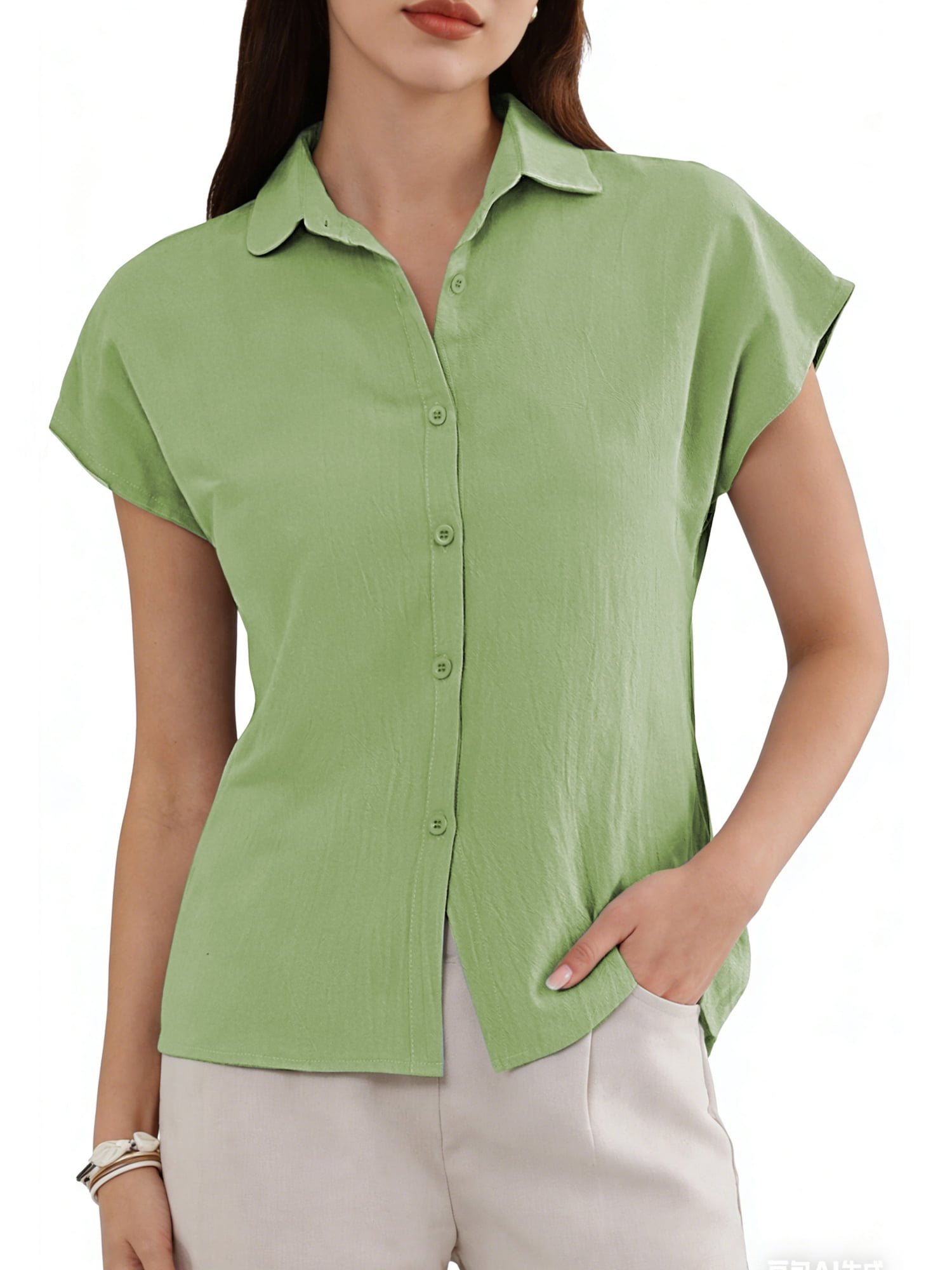 DARING DIVA Women's Linen Button Down Short Sleeve V Neck Tops M Green