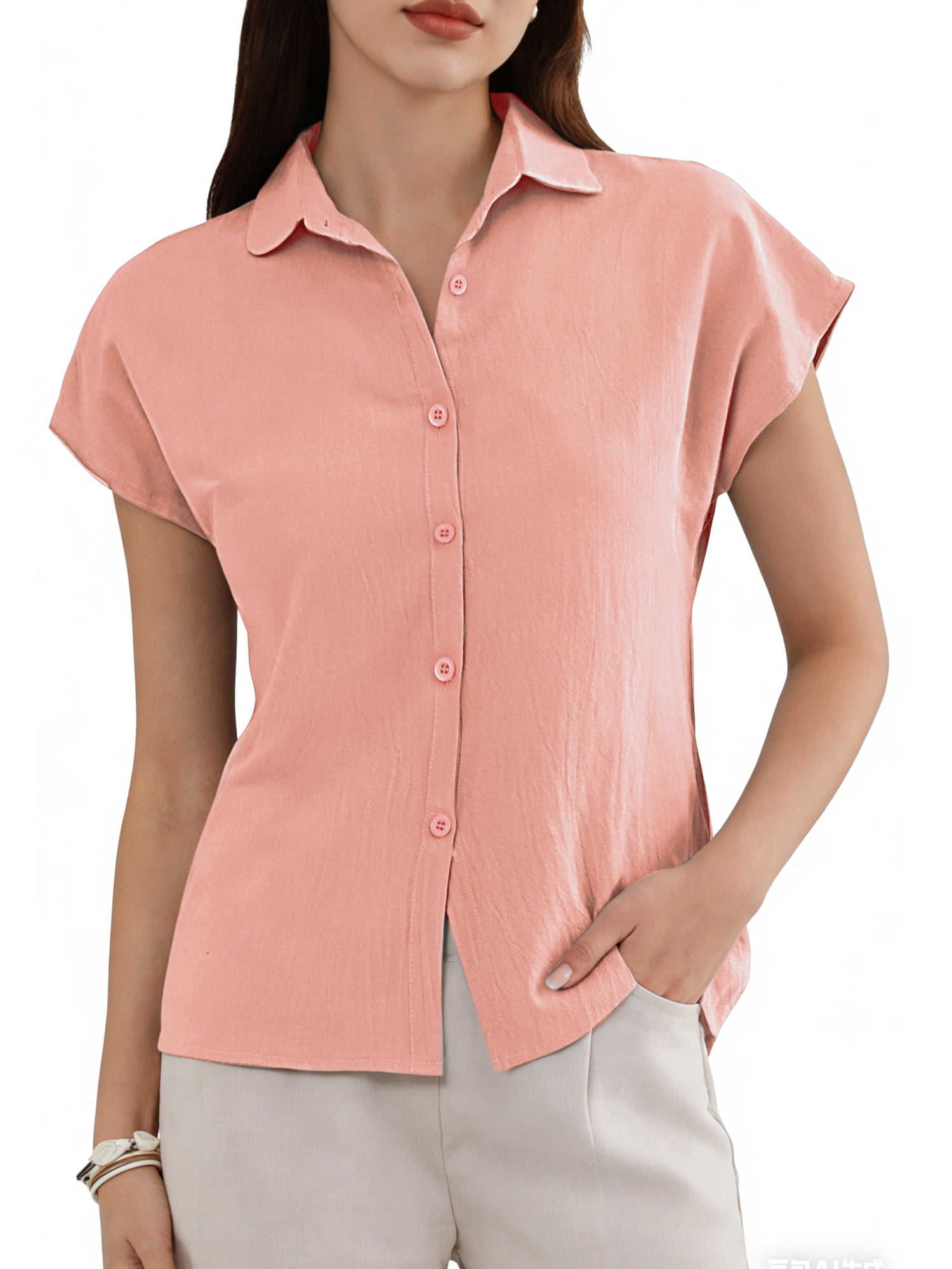DARING DIVA Women's Linen Button Down Short Sleeve V Neck Tops S Pink