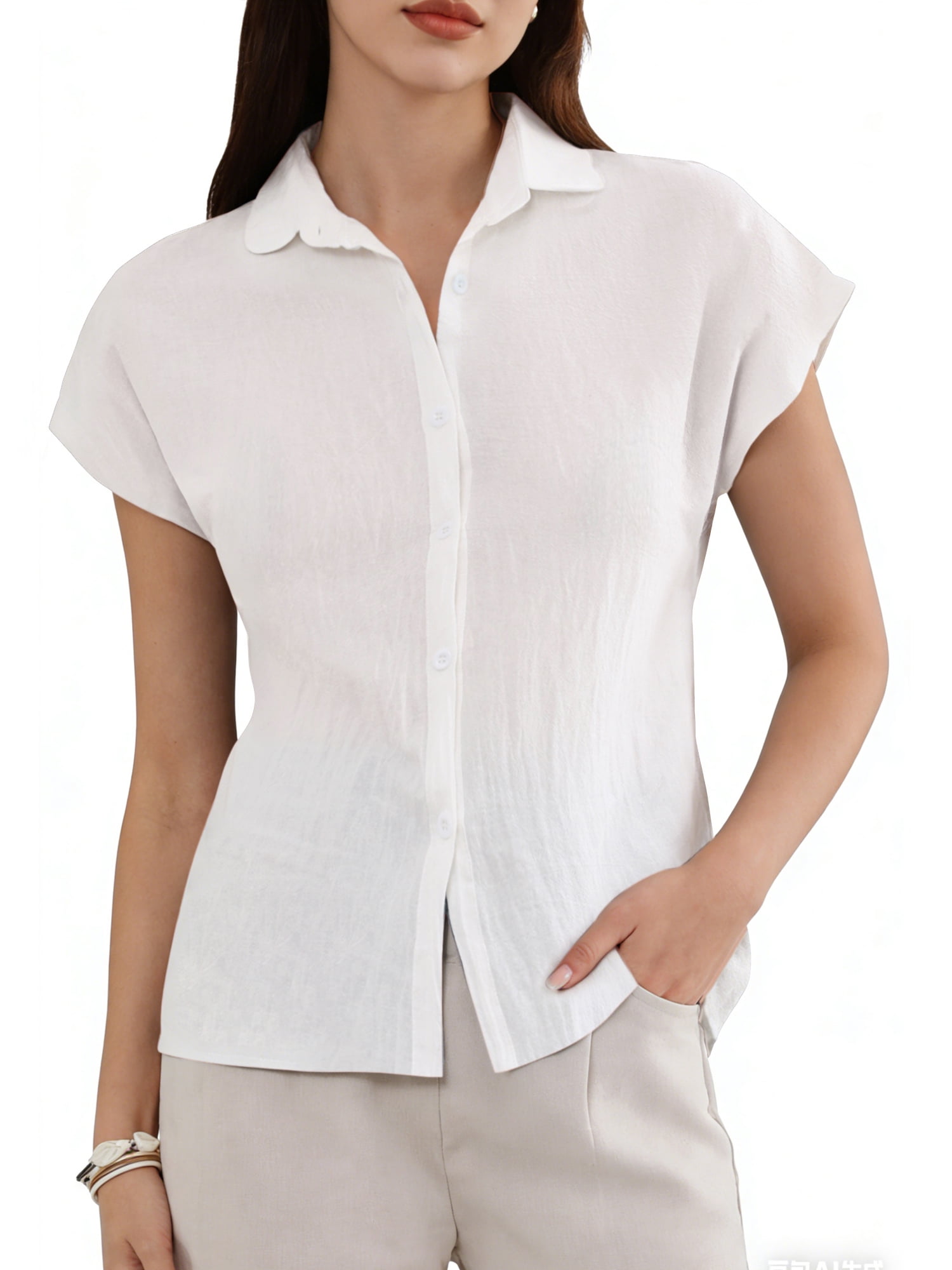 DARING DIVA Women's Linen Button Down Short Sleeve V Neck Tops S White