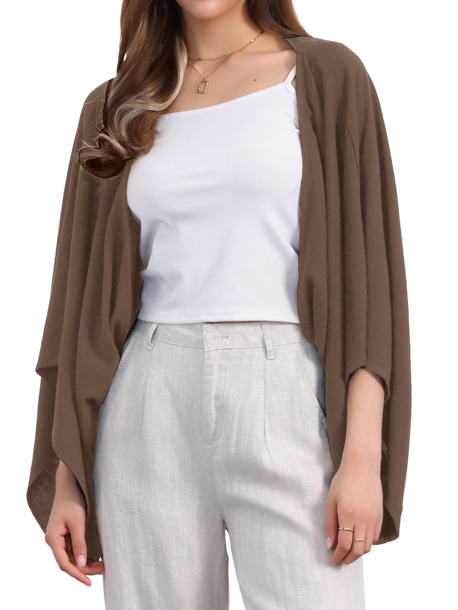DARING DIVA Women's Linen Cardigan 3/4 Sleeve Open Front Lightweight Shrug L Dark Brown