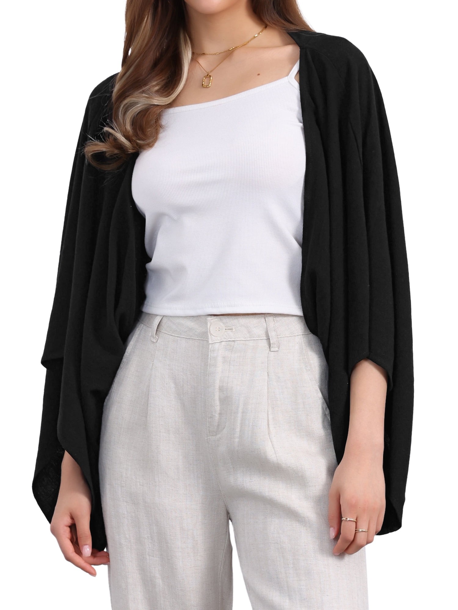 DARING DIVA Women's Linen Cardigan 3/4 Sleeve Open Front Lightweight Shrug M Black