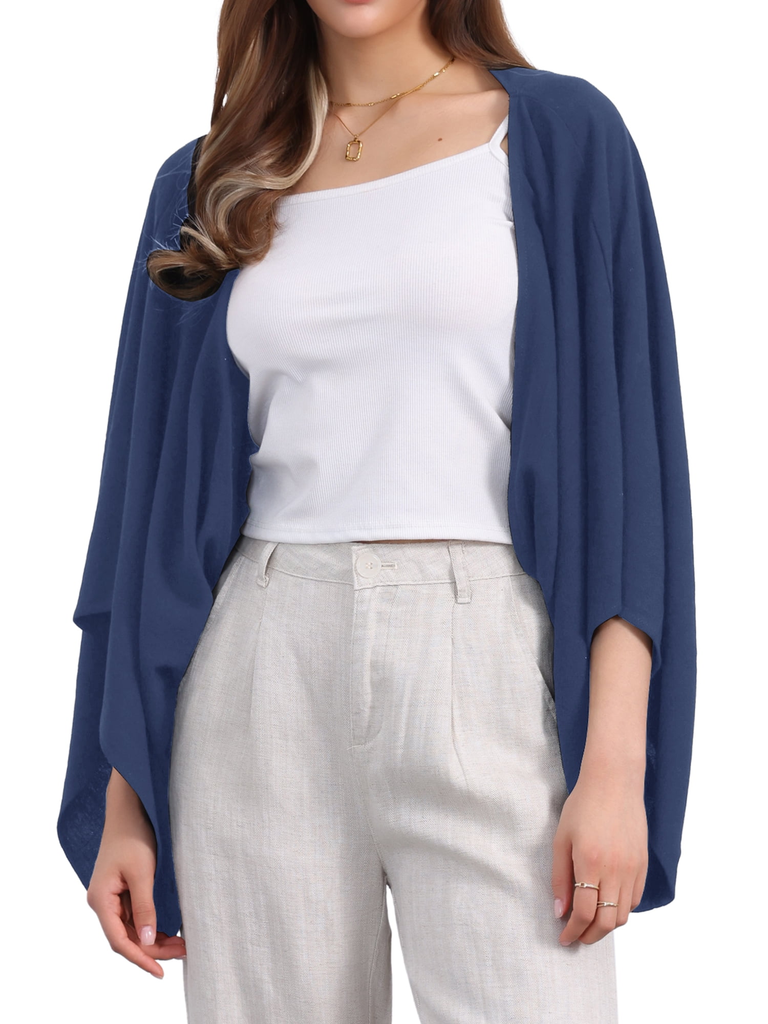 DARING DIVA Women's Linen Cardigan 3/4 Sleeve Open Front Lightweight Shrug XL Dark Blue