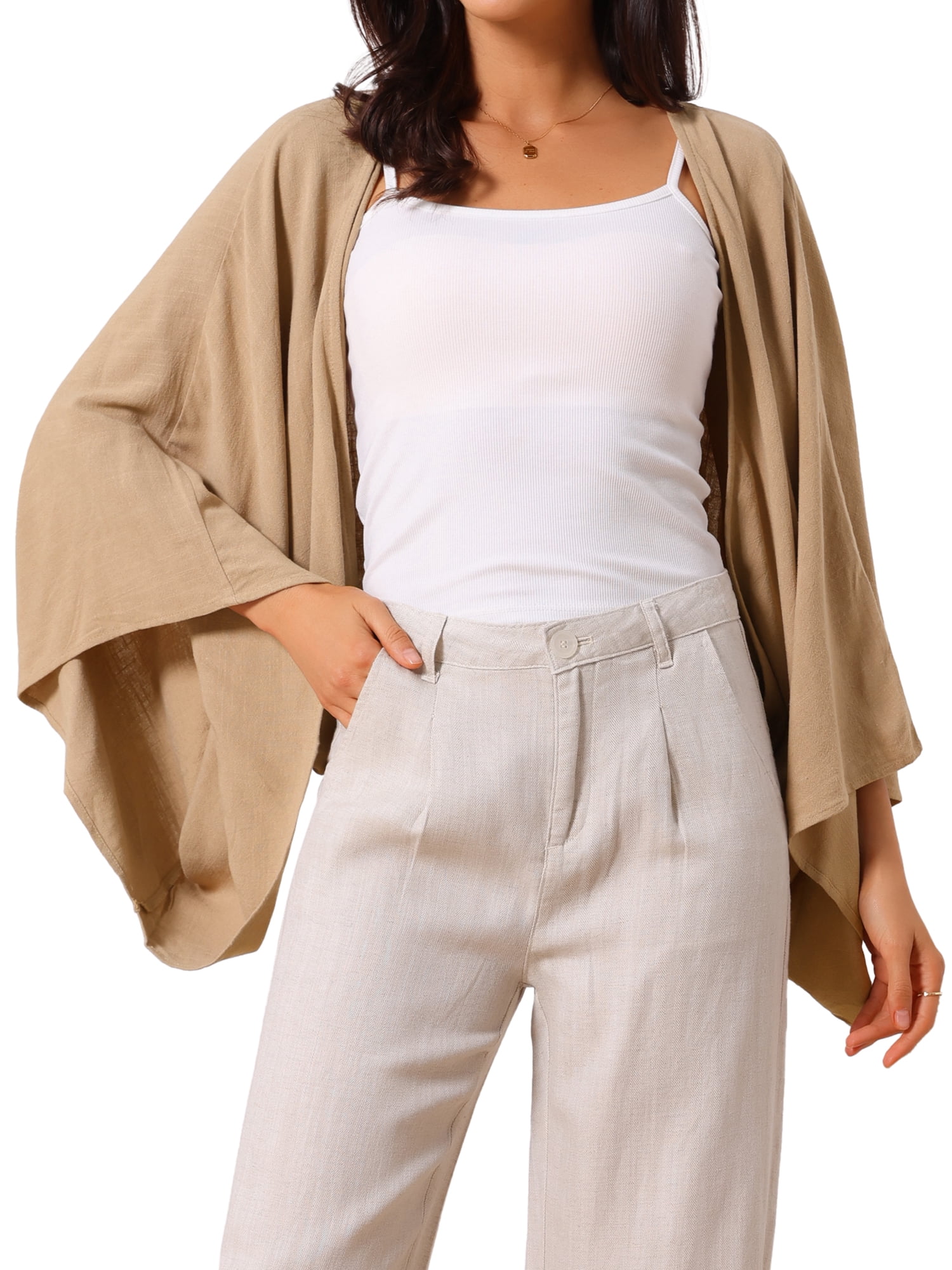 DARING DIVA Women's Linen Cardigan 3/4 Sleeve Open Front Lightweight Shrug XL Khaki