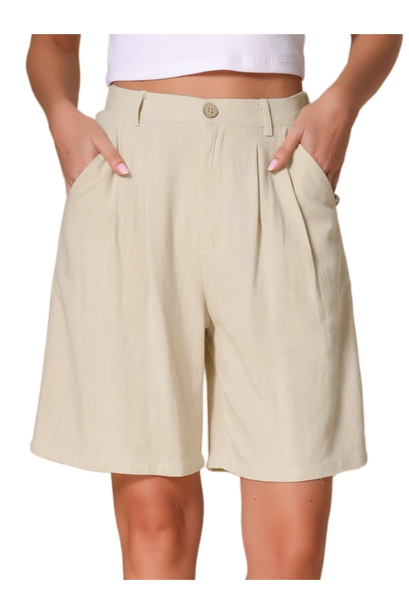 Women's Linen Elastic High Waist Summer Bermuda Shorts XL Apricot