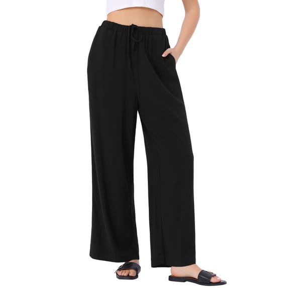 DARING DIVA Women's Linen Flowy Palazzo Trousers with Pockets M Black