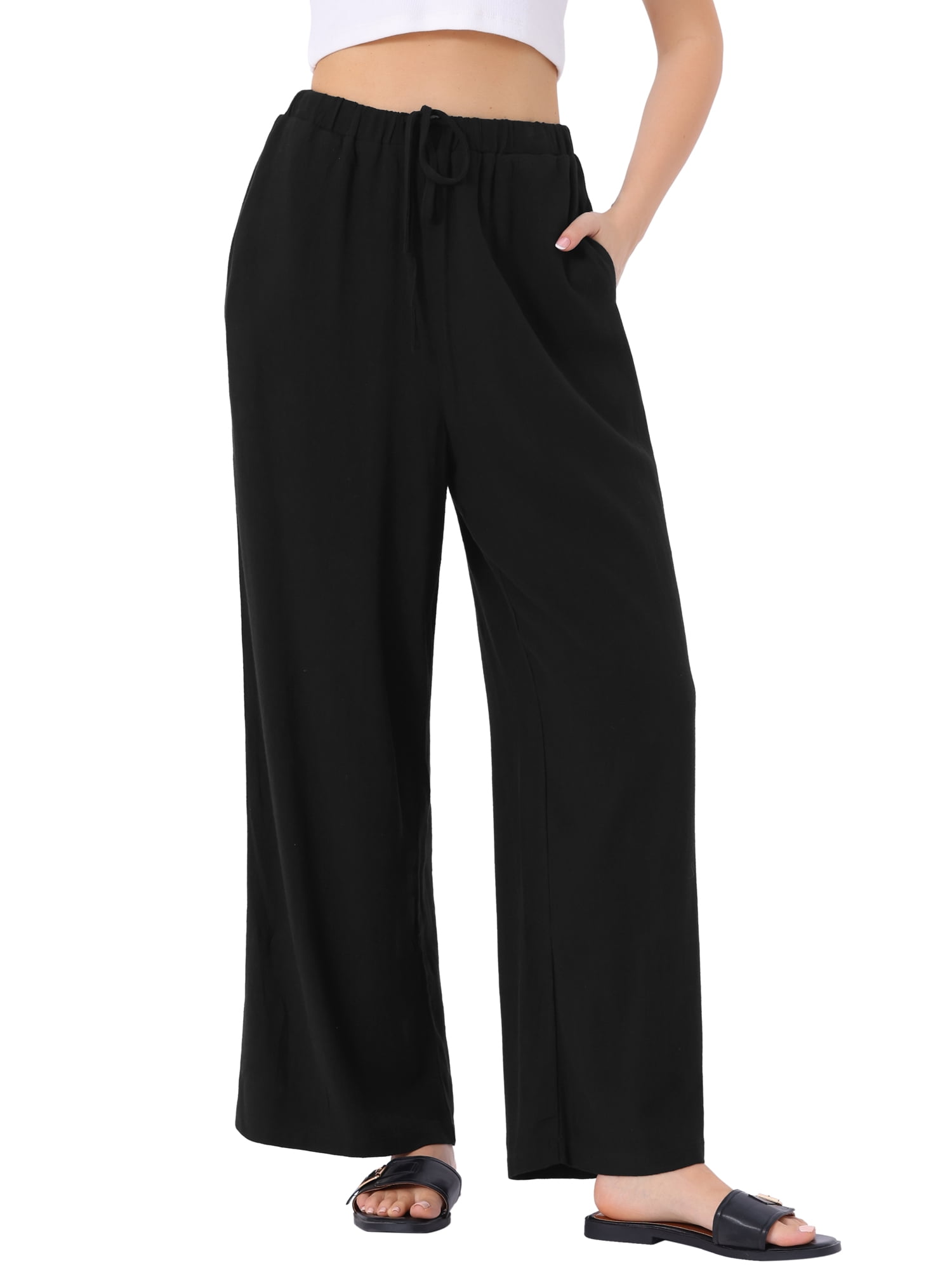 DARING DIVA Women's Linen Flowy Palazzo Trousers with Pockets S Black