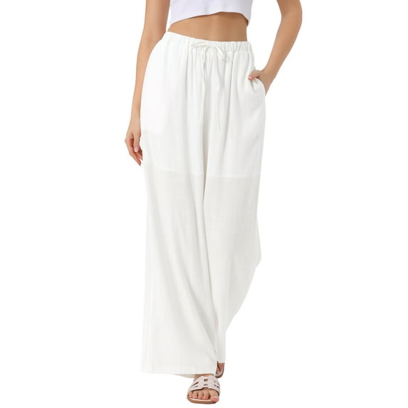 DARING DIVA Women's Linen Flowy Palazzo Trousers with Pockets S White