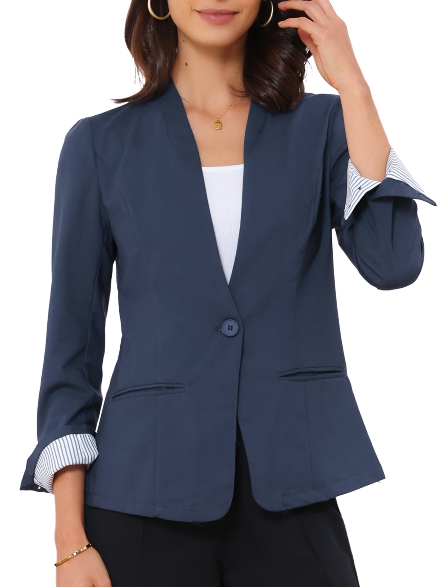 DARING DIVA Women's Linen Lightweight Long Sleeve Single Breasted Blazer M Navy Blue