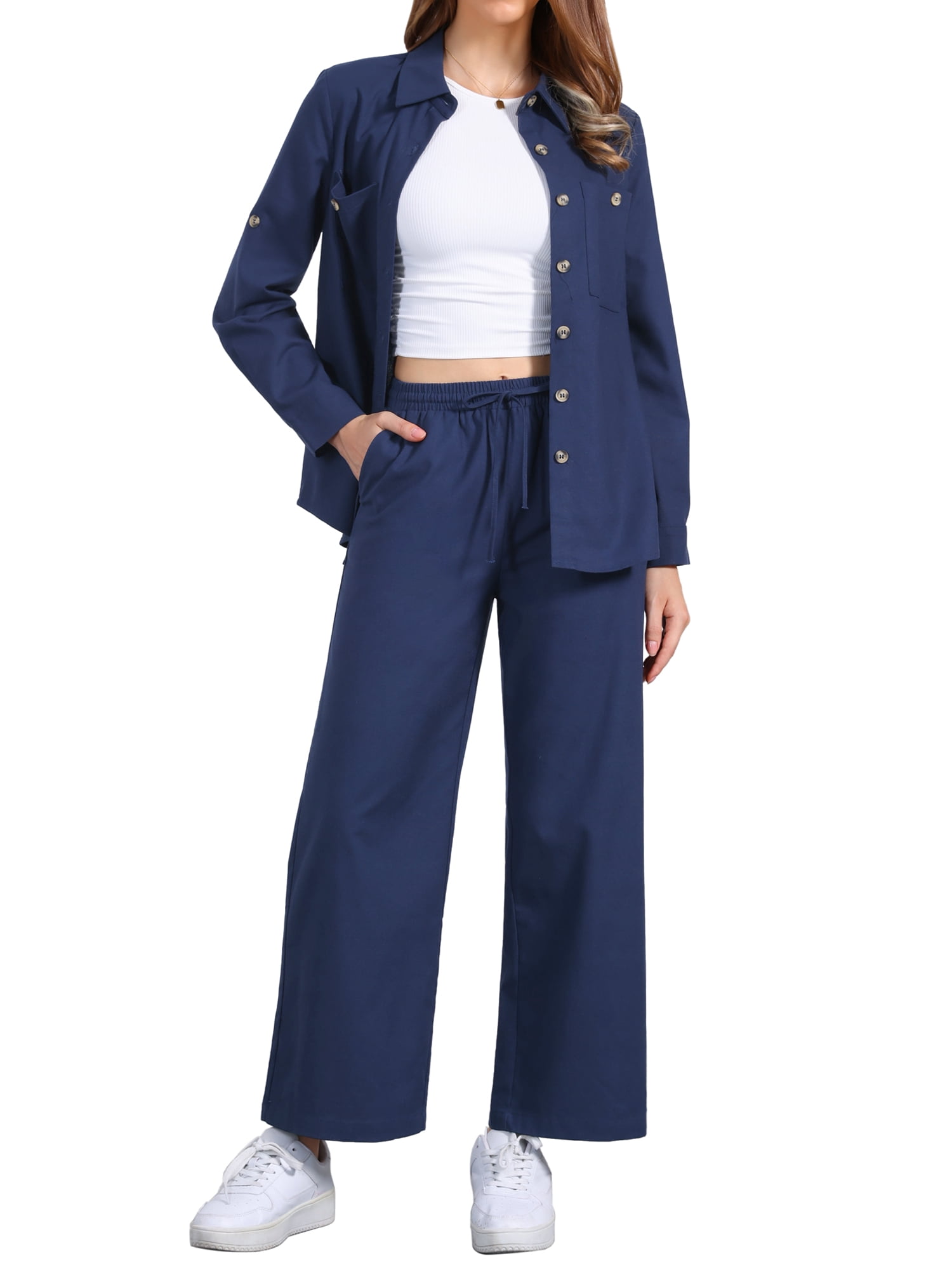 DARING DIVA Women's Linen Pant 2 Piece Summer Outfits Button Down Shirt L Navy blue