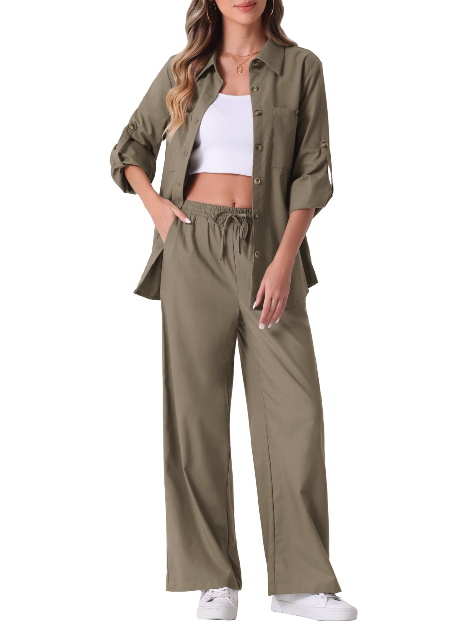 DARING DIVA Women's Linen Pant 2 Piece Summer Outfits Button Down Shirt XL Gray Green