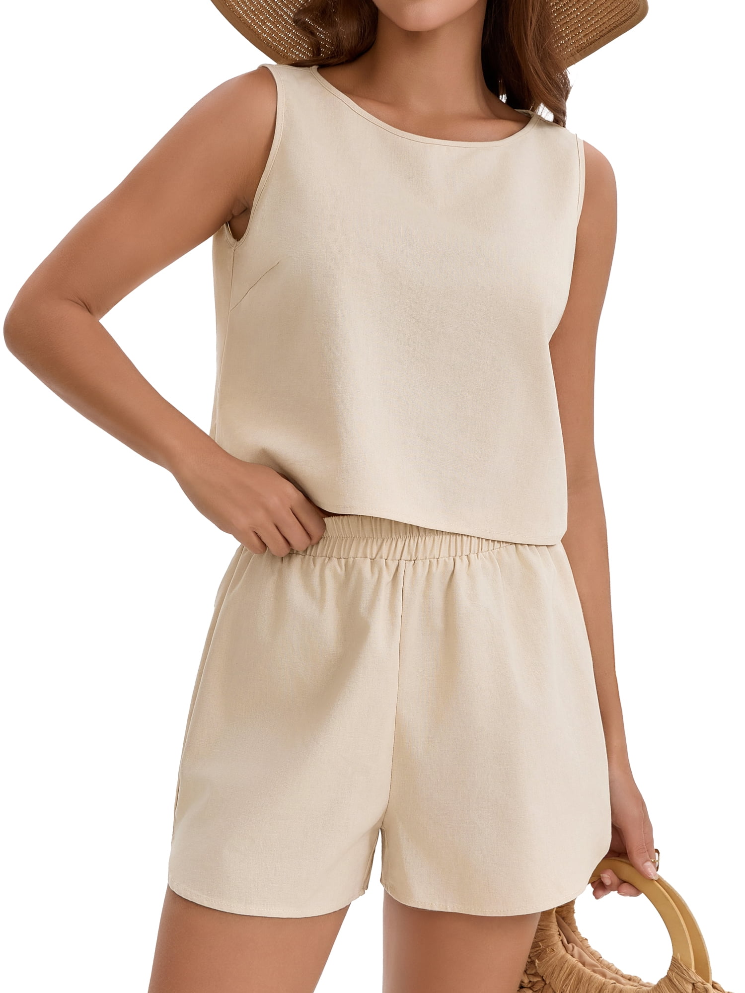 DARING DIVA Women's Linen Sets Outfits Sleeveless Tank Top High Waisted Shorts L Khaki