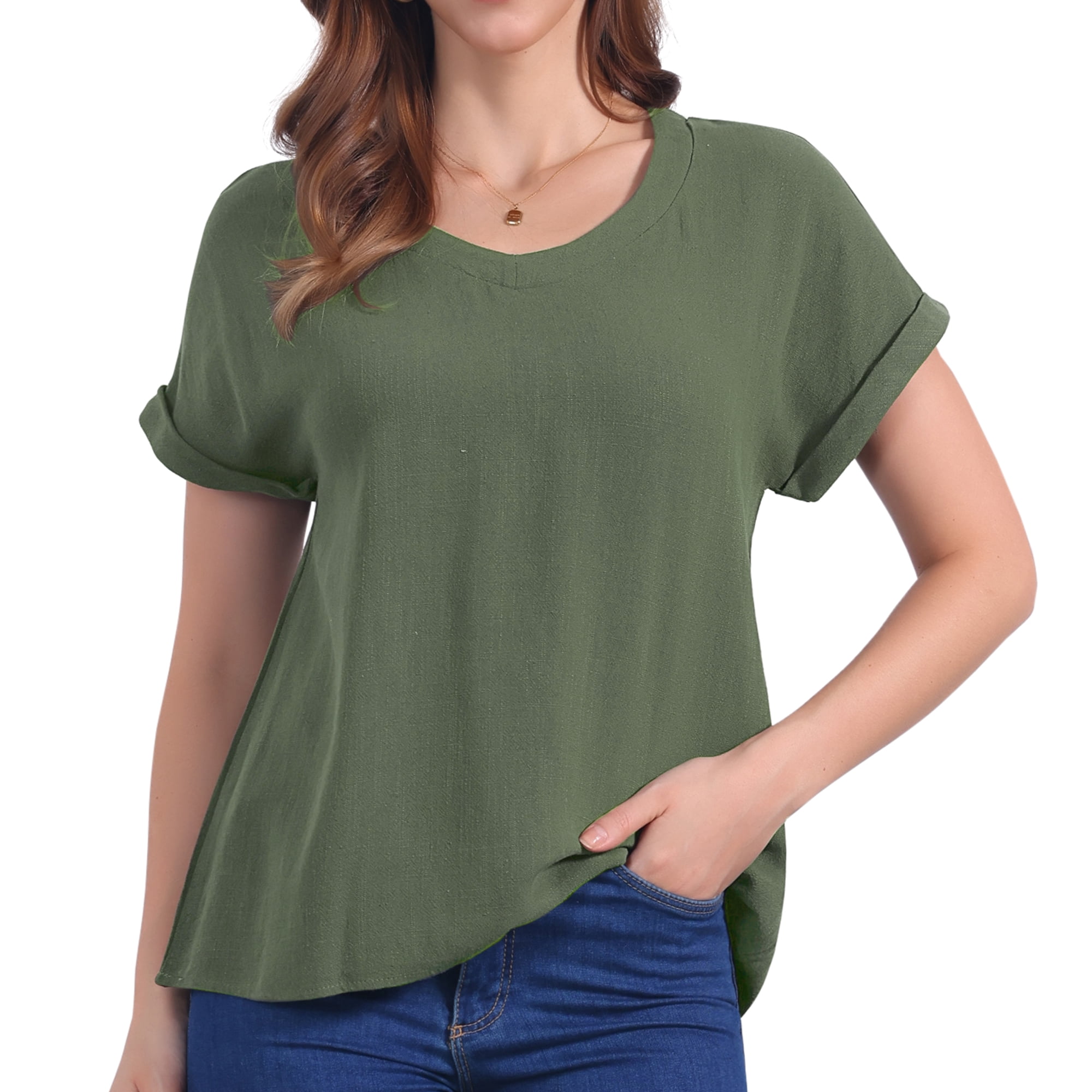 DARING DIVA Women's Linen Shirts Short Sleeve V Neck Blouse S Army Green