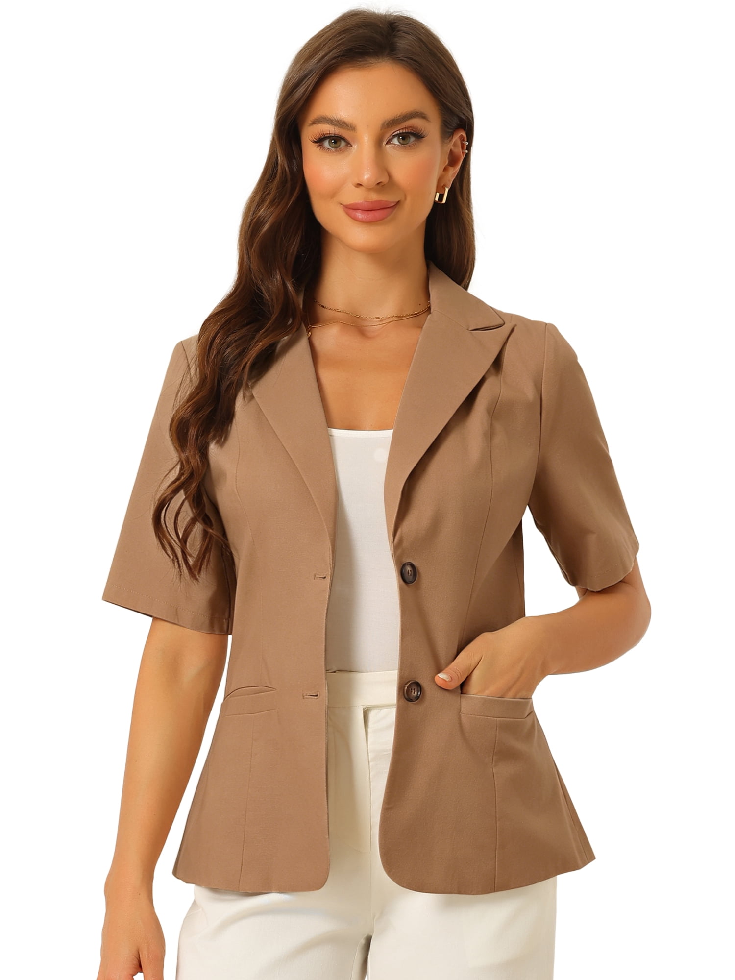 DARING DIVA Women's Linen Short Sleeve Cotton Lapel Collar Blazer M Dark Brown