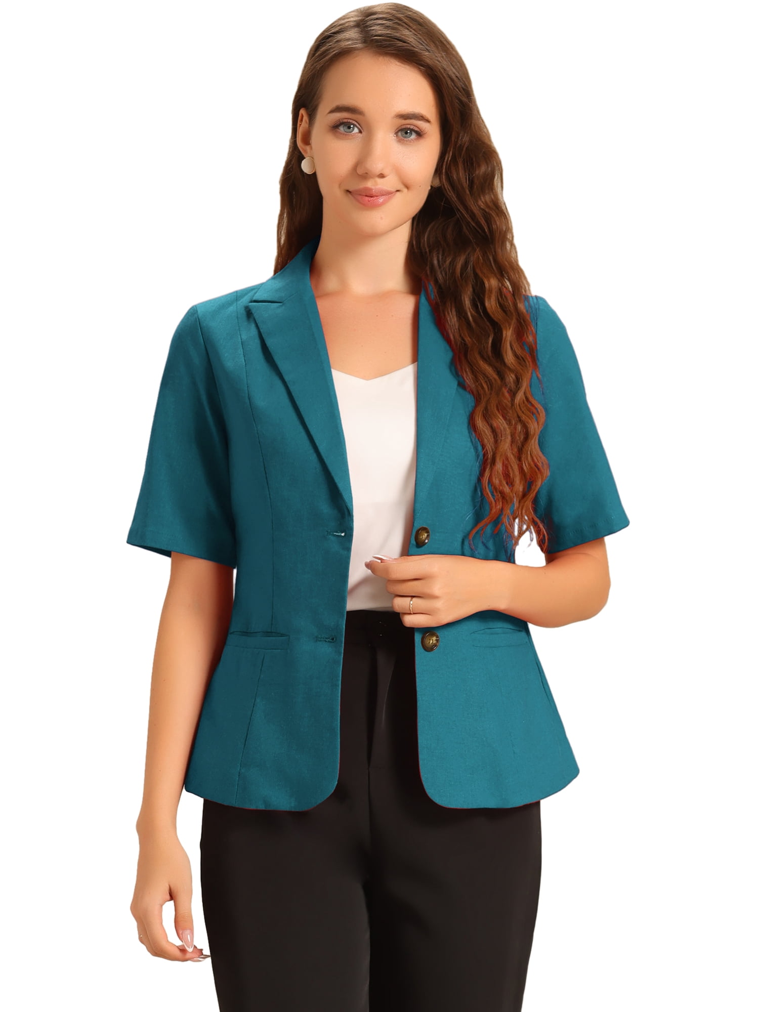 DARING DIVA Women's Linen Short Sleeve Cotton Lapel Collar Blazer M Peacock Blue