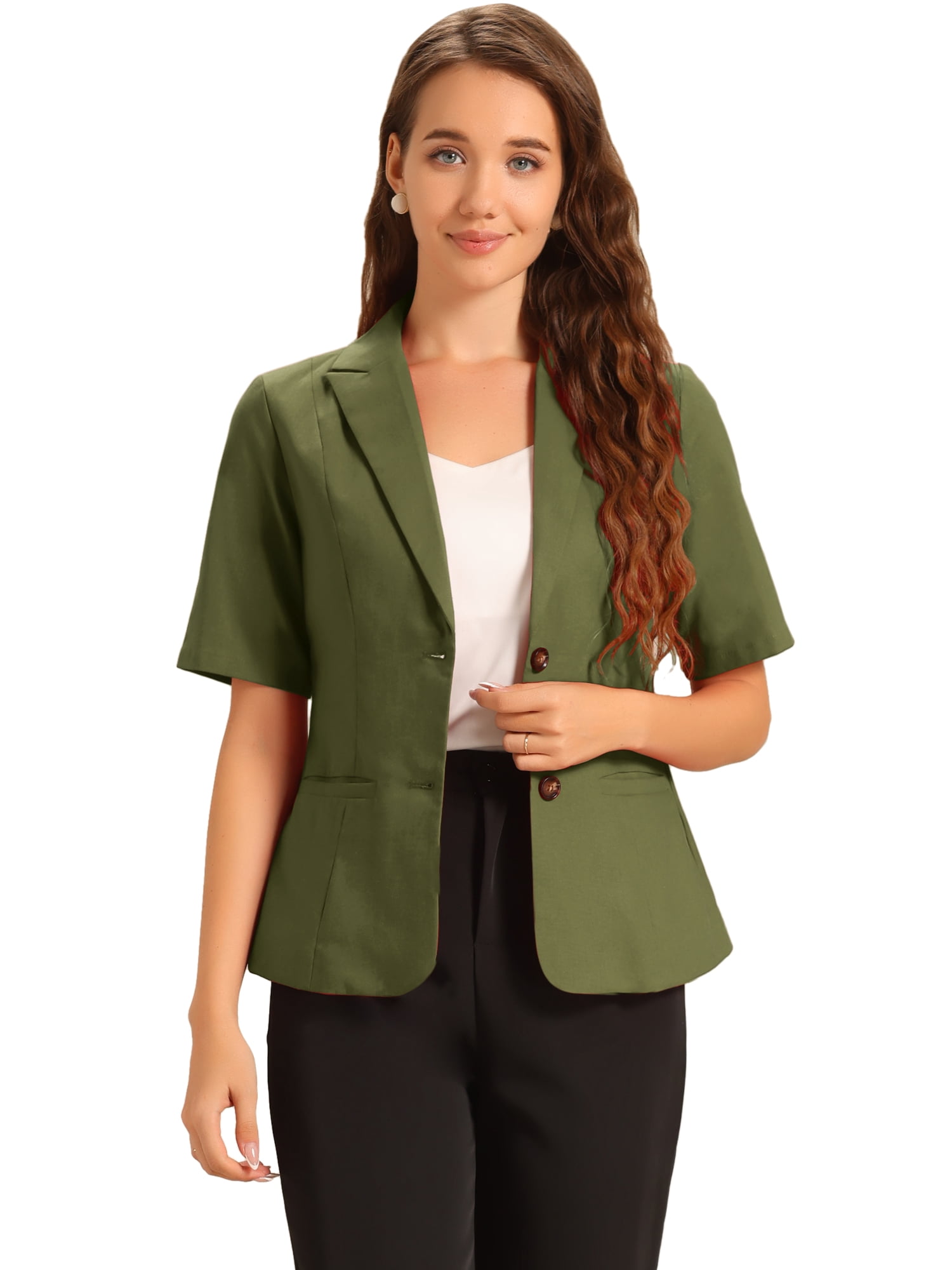 DARING DIVA Women's Linen Short Sleeve Cotton Lapel Collar Blazer S Army Green