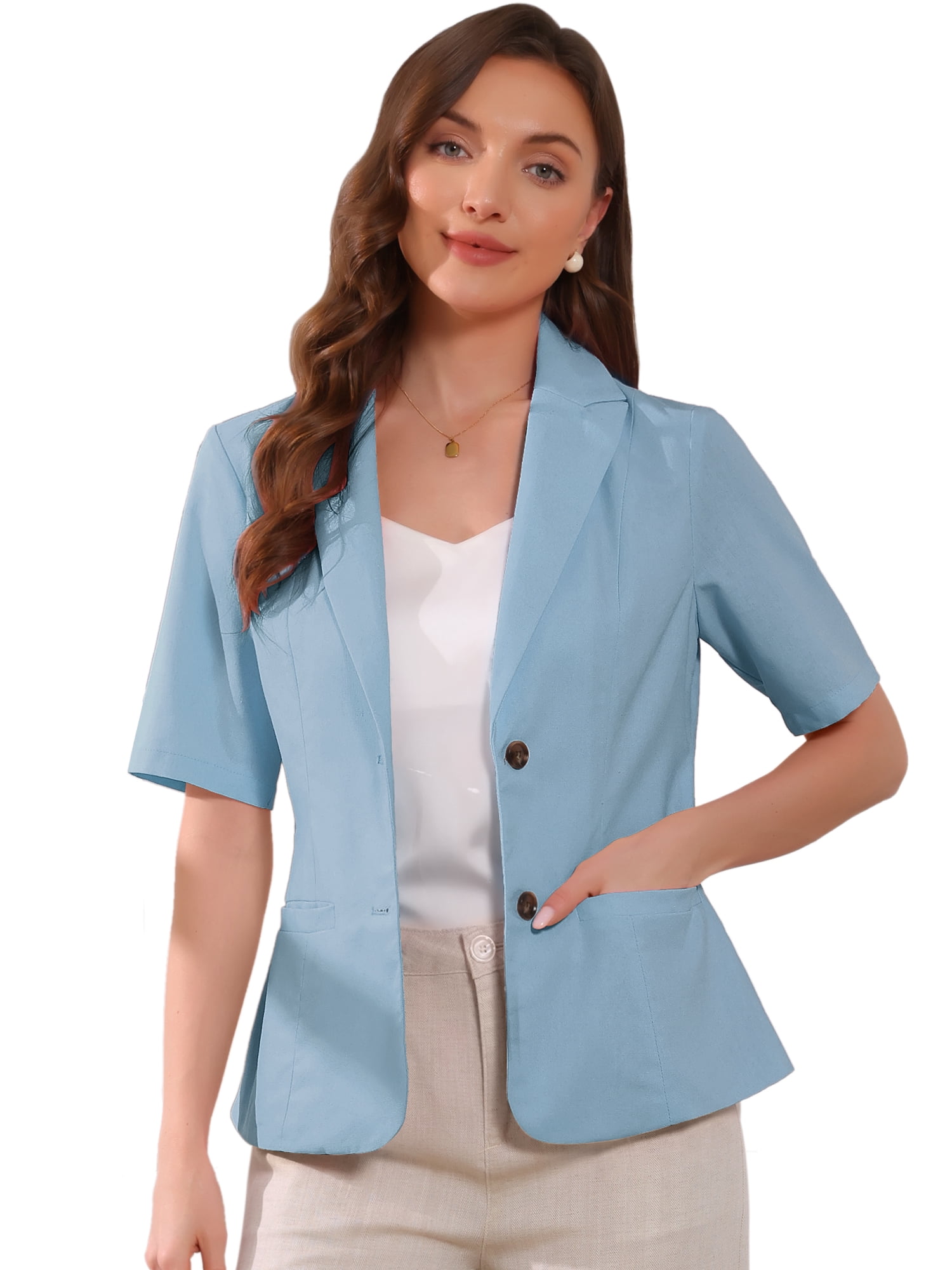 DARING DIVA Women's Linen Short Sleeve Cotton Lapel Collar Blazer S Light Blue