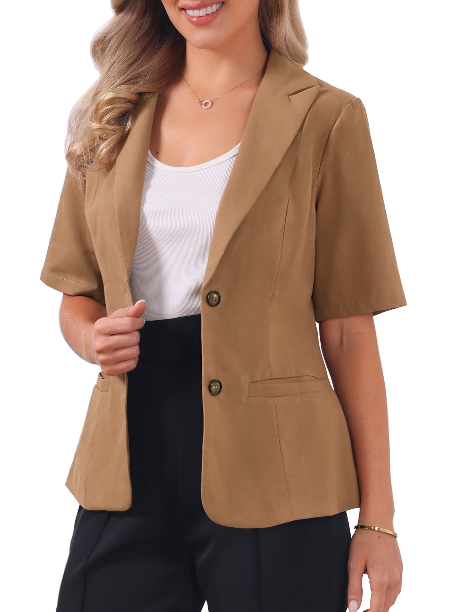 DARING DIVA Women's Linen Short Sleeve Cotton Lapel Collar Blazer XL Dark Brown