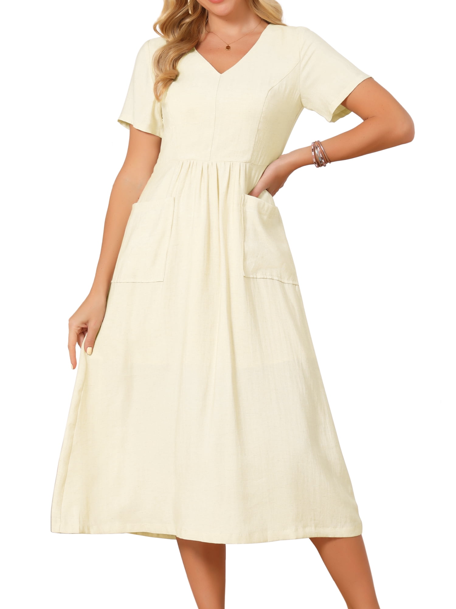DARING DIVA Women's Linen Short Sleeve V Neck Boho Sundress L Beige