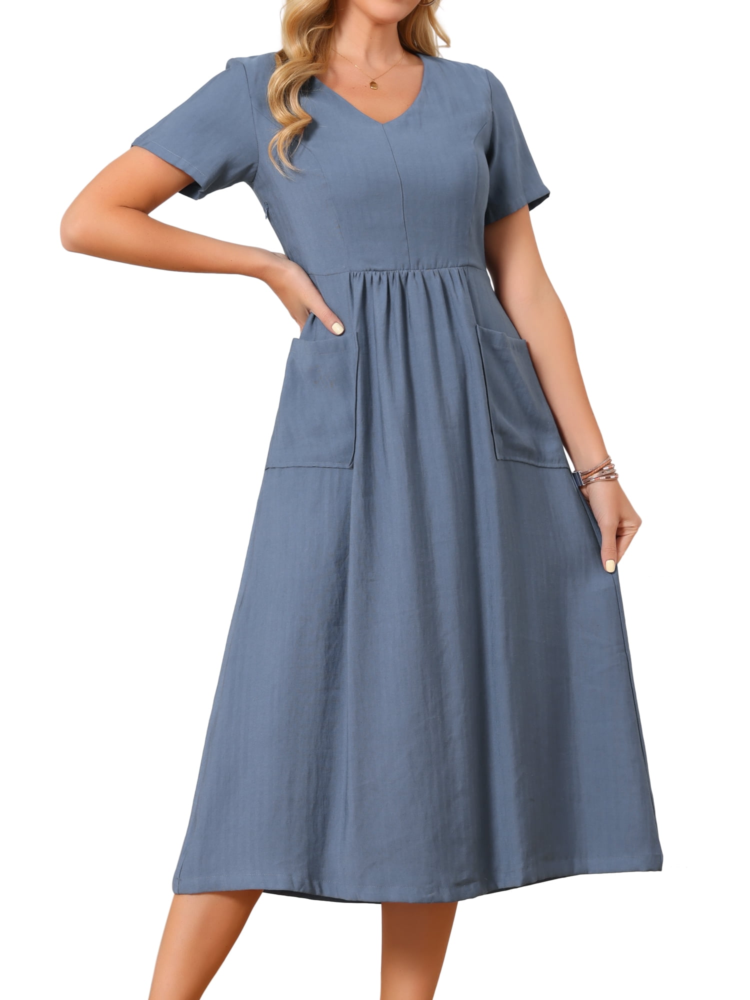DARING DIVA Women's Linen Short Sleeve V Neck Boho Sundress M Dusty Blue