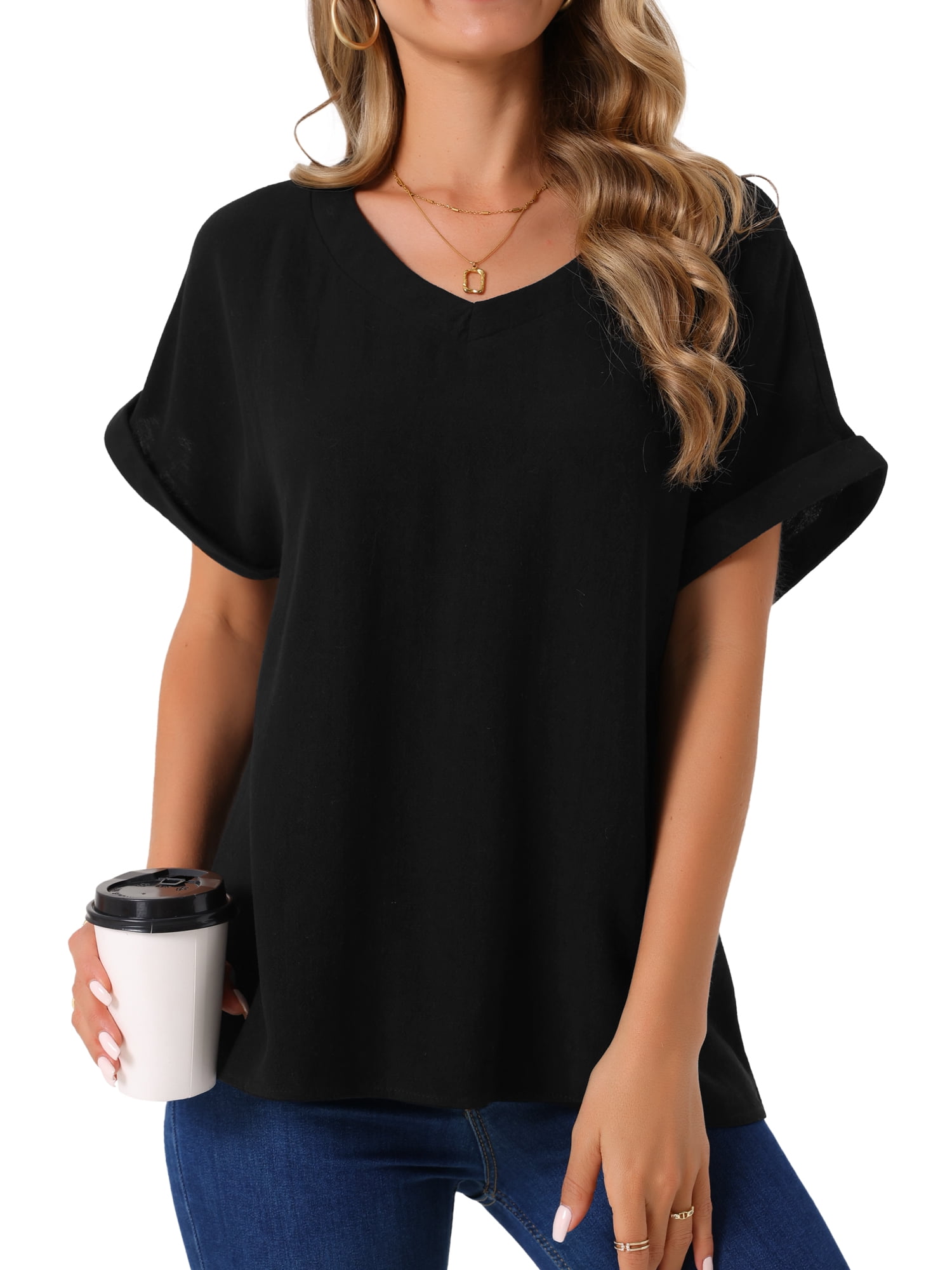 DARING DIVA Women's Linen Shirts Short Sleeve V Neck Blouse L Black