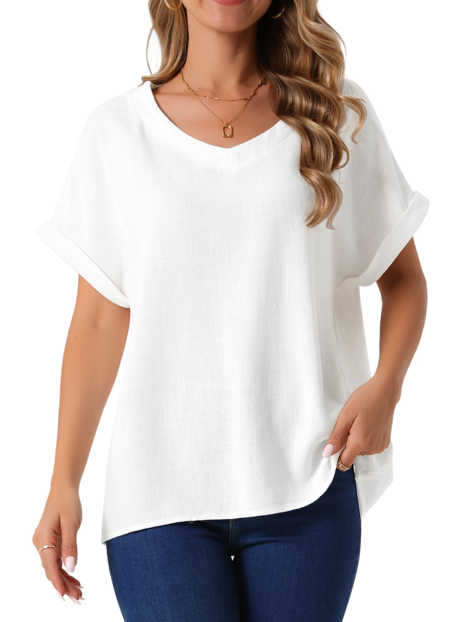 DARING DIVA Women's Linen Shirts Short Sleeve V Neck Blouse M White