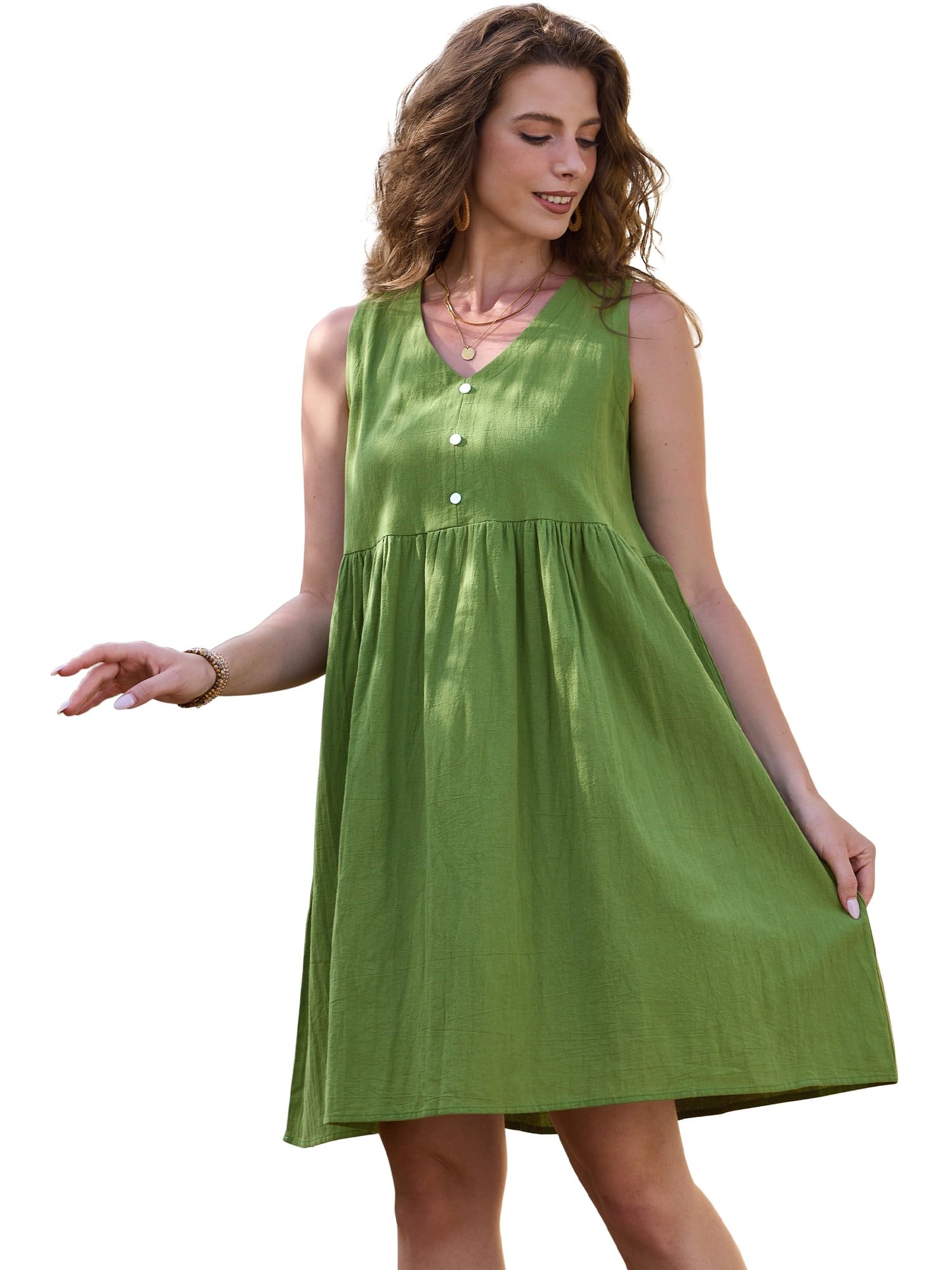 DARING DIVA Women's Linen Sleeveless Casual V Neck Button Front Dress M Olive