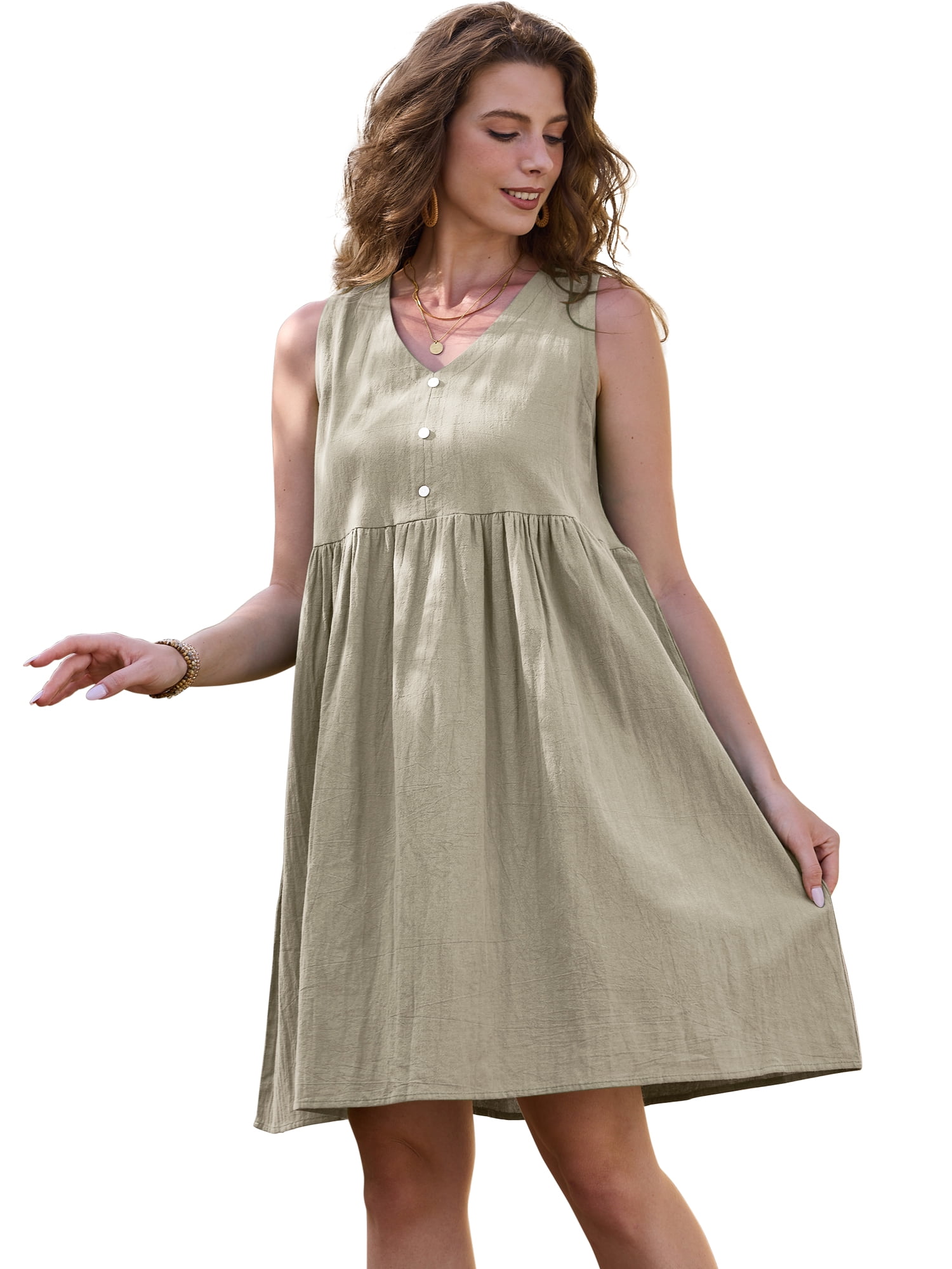 DARING DIVA Women's Linen Sleeveless Casual V Neck Button Front Dress S Beige