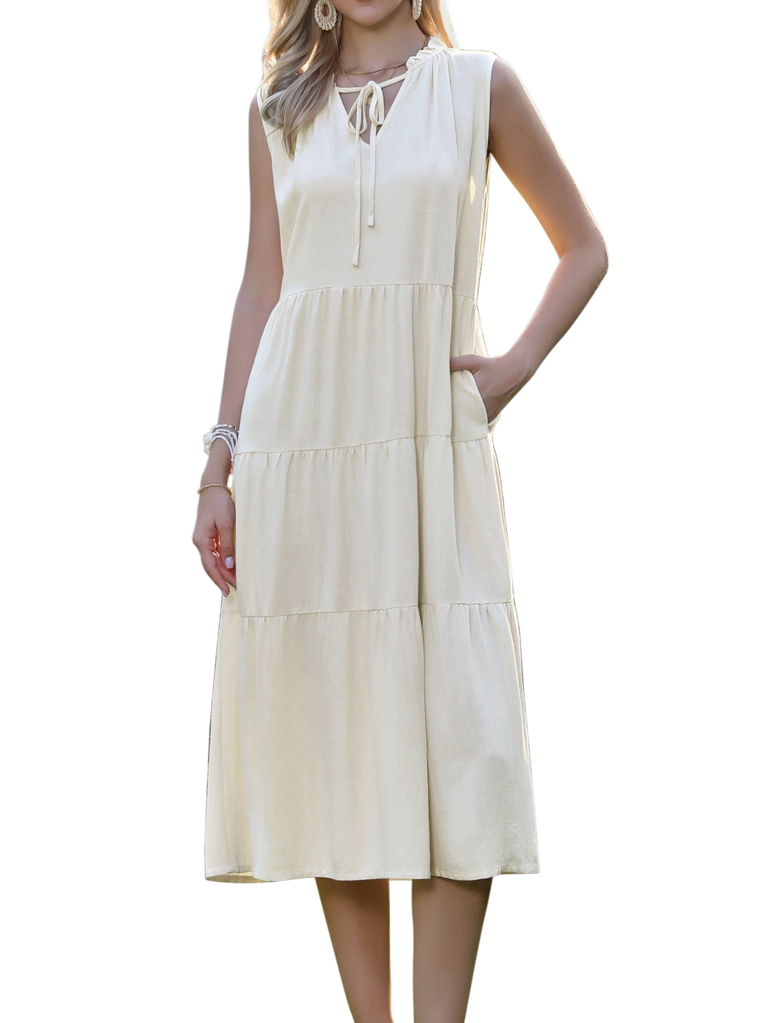 DARING DIVA Women's Linen Sleeveless V Neck Bow Tie Ruffle Collar Flowy Dress M Apricot