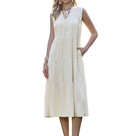 DARING DIVA Women's Linen Sleeveless V Neck Bow Tie Ruffle Collar Flowy Dress S Apricot