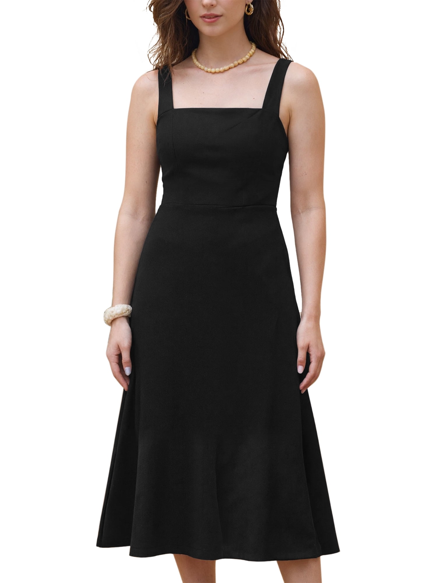 DARING DIVA Women's Linen Square Neck Straps Sleeveless Midi Dresses S Black