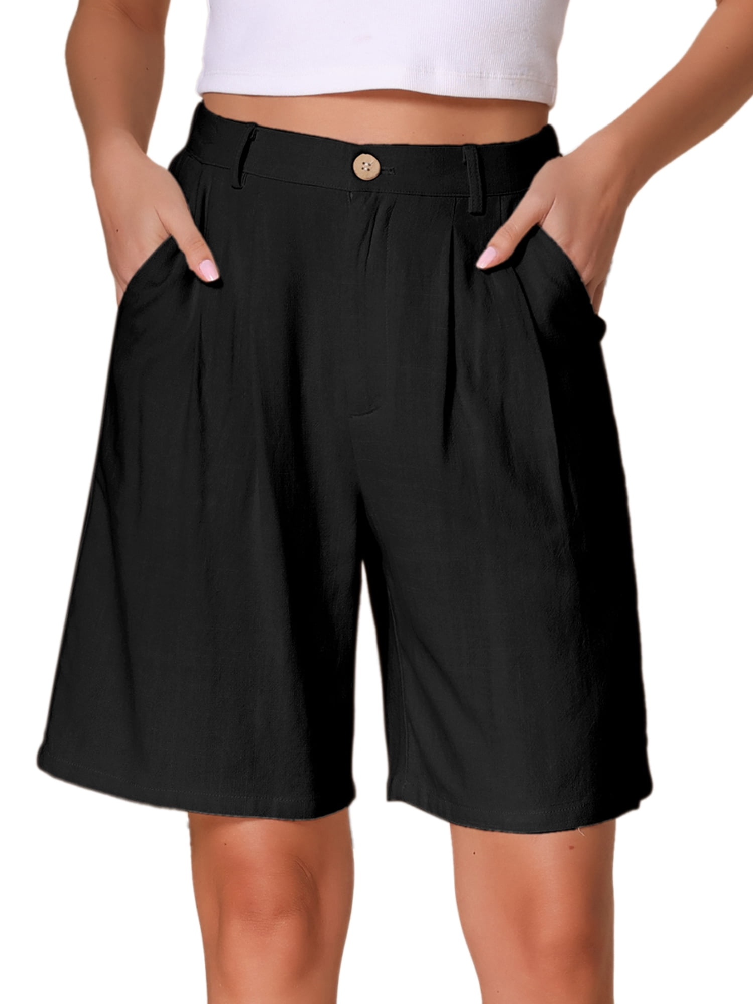 DARING DIVA Women's Linen Summer Bermuda Shorts Large Black