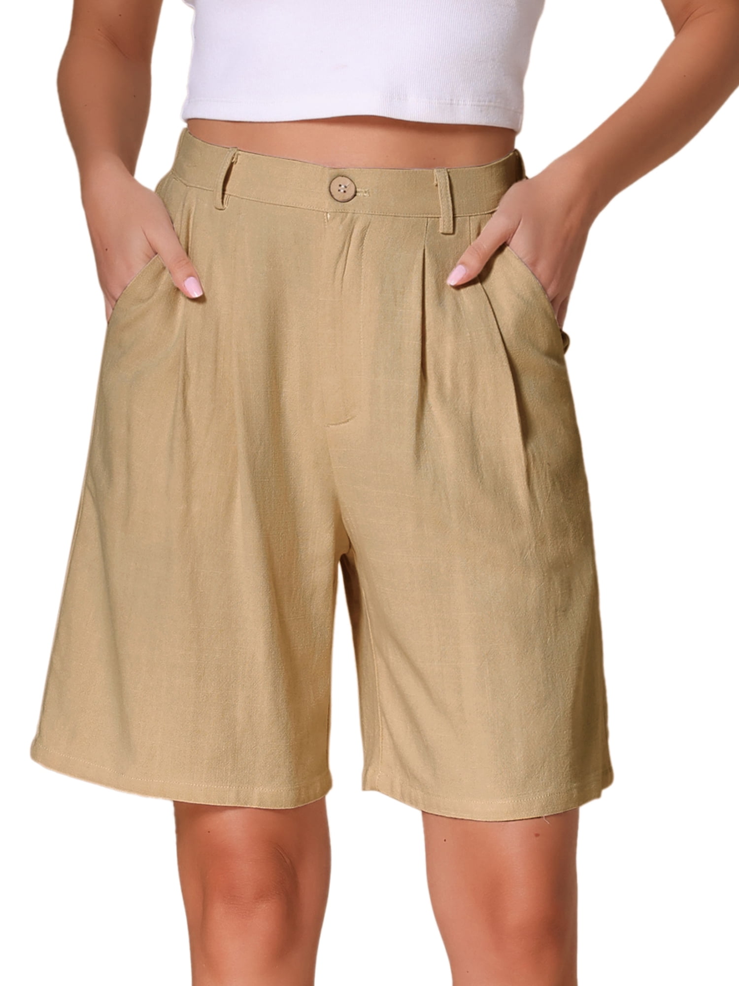 DARING DIVA Women's Linen Summer Bermuda Shorts X-Small Khaki
